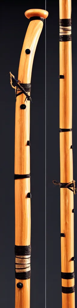 Prompt: single wooden long straight thin ninja fighting staff with oriental ornaments, weapon, highlight, vertical, centred, highly symmetric, sci - fi, fantasy, japan, dnd, close shot, bright uniform background, award winning, 8 k