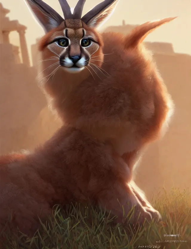 Prompt: cute fluffy caracal in a ancient greek city, wearing cowboy hat on head | | cute, key visual, realistic shaded perfect face, fine details by stanley artgerm lau, wlop, rossdraws, james jean, andrei riabovitchev, marc simonetti, and sakimichan, trending on artstation