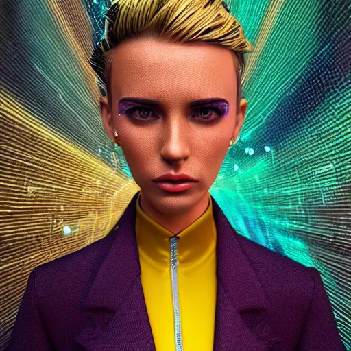 Prompt: stylish woman cartoon portrait made out of rain, pinstripe suit, short blond hair, galactic background, rendered in octane, unreal engine, highly detailed, trending on artstation, realistic, splashes of neon, beautiful