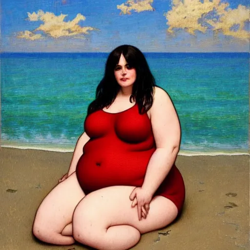 Prompt: portrait of cute 2 0 years old obese courtney cox in red swimsuit sitting on a beach, intricate, hyperdetailed, photorealistic, diffuse lighting, hdrp, artstation, unreal 5, smooth, textless, sharp focus, art by john collier, albert aublet, krenz cushart, artem demura, alphonse mucha