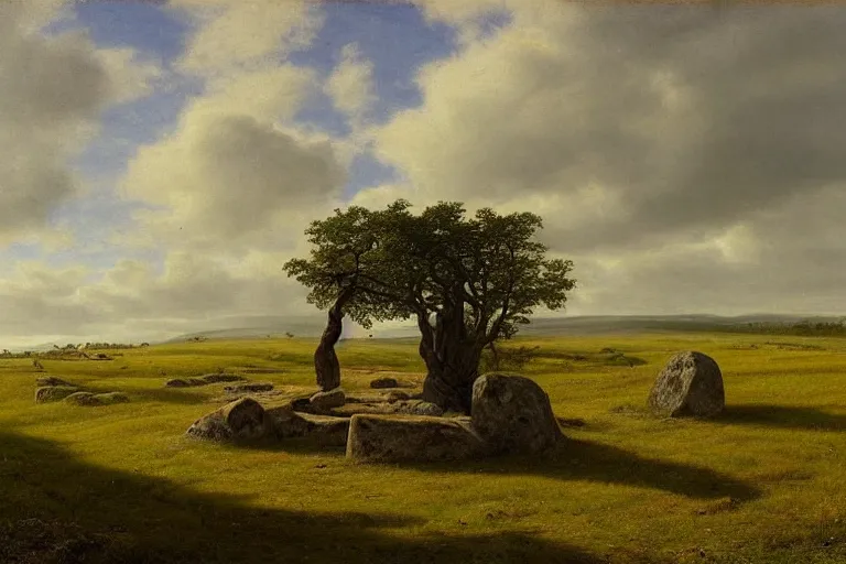 Image similar to runestone on a field with trees in the distance, runic inscription, ancient writing, megalithic, monument, nature, hills, focused, centered, very detailed, norse, scandinavia, history, oil painting, Albert Bierstadt