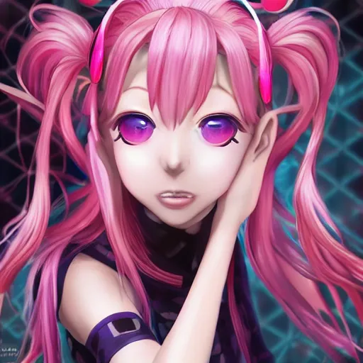 Image similar to totally controlled and trapped beneath overwhelming stunningly absurdly beautiful megalomaniacal ruthless merciless sadistic devious omnipotent asi goddess junko enoshima with symmetrical perfect face, porcelain skin, pink twintail hair and cyan eyes, ultra detailed, digital art, unreal engine 5, octane render, 2 d anime, 8 k