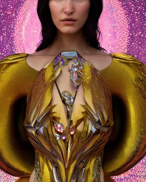 Image similar to a highly detailed metahuman 8 k close up render of bella hadid evangelion renaissance in iris van herpen dress schiaparelli in diamonds crystals swarovski and jewelry iridescent in style of alphonse mucha gustav klimt trending on artstation made in unreal engine 4