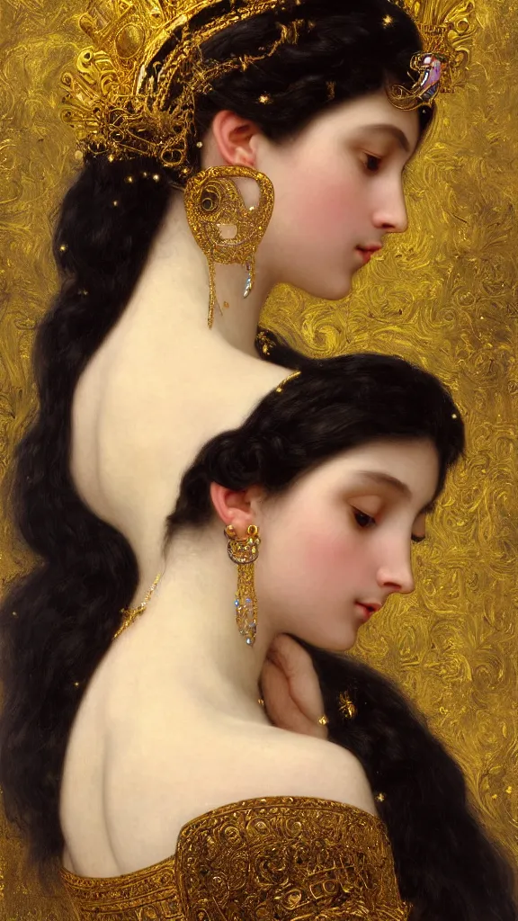 Prompt: painting portrait of a beautiful black haired woman with pale skin and a crown on her head sitted on an intricate metal throne, intricate, elegant, digital painting, smooth, sharp focus, shiny gold, realistic gold, realistic metal, by william - adolphe bouguereau and gustav klimt,