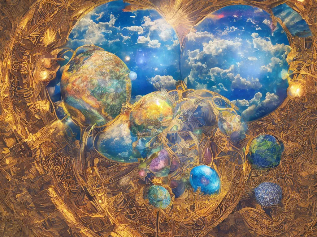 Image similar to 3 d render, sunlight study, the universe is a spheroid region 7 0 5 meters in diameter, art nouveau, by maria sibylla merian and ( ( ( ( ( lisa frank ) ) ) ) ), 8 k, sharp focus, octane render