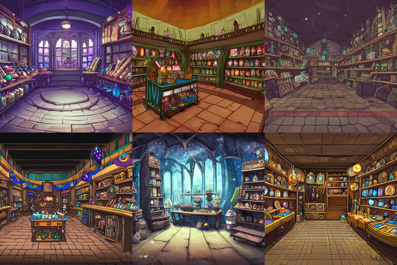 Prompt: inside a magical item shop, fantasy potion vendor interior, ufotable studio art style, wide angle, gothic interior