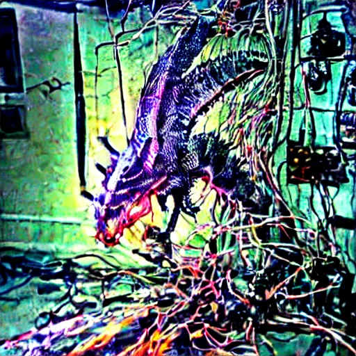 Image similar to cybercore dragon angel pimp demonoid disappearing into a portal covered in wires damnation emerging in the middle of my digusting dirty room, holy ceremony, low quality photo, flikr , creepy, hypermaximalist, trail cam found footage, realistic, , intricate fine detail