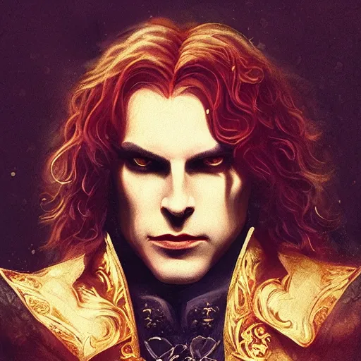 Image similar to majestic gracious regal aristocratic male vampire lestat de lioncourt portrait, atmospheric lighting, painted, menacing, intricate, volumetric lighting, beautiful, rich deep colours masterpiece, golden hour, sharp focus, ultra detailed, by leesha hannigan, ross tran, thierry doizon, kai carpenter, ignacio fernandez rios