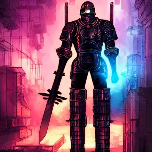 Image similar to a cyberpunk knight in heavy armor holding a large sword in a cyberpunk setting, comic book art, cyberpunk, art by stan lee,, colorful, bright high tech lights, dark, moody, dramatic, 8 0 s vibe, neon lines marvel comics, dc comics