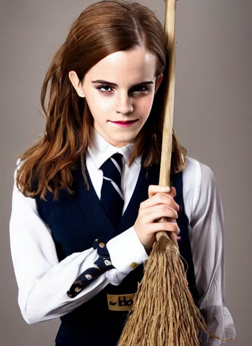 Image similar to emma watson as hermione granger in her school uniform, holding her broomstick, photo shoot, cute