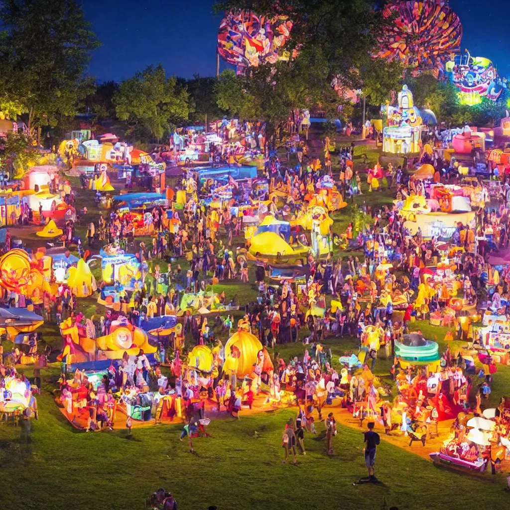 Prompt: festival theme camp called the poppin'kernels, with giant popcorn and movie projector outdoors at night, carnival lighting, outdoor cinema