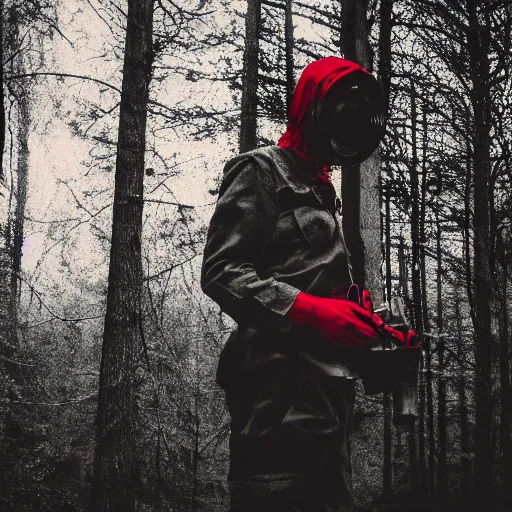 Image similar to stalker wearing a gas mask, red forest, dslr photo, film grain