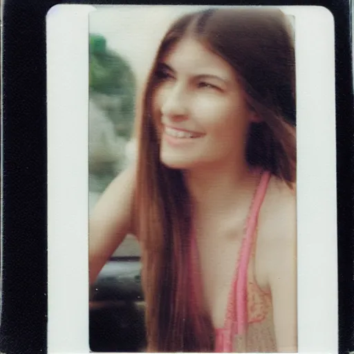 Prompt: Instax mini portrait of a young European woman, beautiful, vacation photo