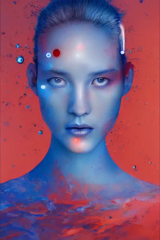 Prompt: 3 d, sci - fi, morning, sleepy fashion model face, happy blue faces, sun, cinematic, vogue cover style, poster art, light red and deep blue mood, realistic painting, intricate oil painting, high detail, figurative art, multiple exposure, poster art, 3 d, by tooth wu and wlop and beeple and greg rutkowski
