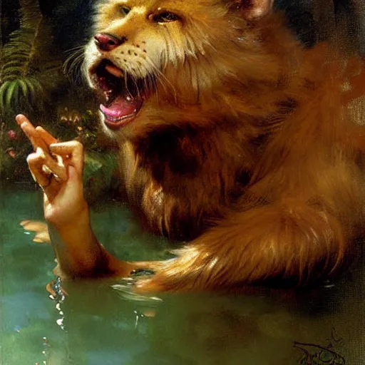 Image similar to a portrait of an very furry human with an anima's head in the pool, furry body, furry arms, furry legs, furry tail. highly detailed painting by gaston bussiere, craig mullins, j. c. leyendecker, furry