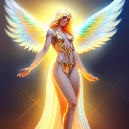 Image similar to Winged girl angel with blonde hair and glowing halo, iridescent, seraphim, fantasy, intricate, elegant, highly detailed, digital painting, artstation, concept art, smooth, sharp focus, illustration