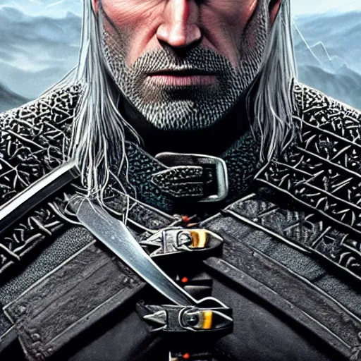 Prompt: a portrait of witcher, geralt of rivia with mordor in the background painting by elisabeth jerichau - baumann. painting, oil on canvas, horizontally symmetric