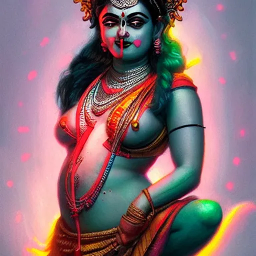 Prompt: thic hindu god kali dramatic posing as modler with a futurestic skin tattoo and bio-technical parts and neon light by Artgerm and Greg Rutkowski , digital painting, highly detailed, trending on artstation