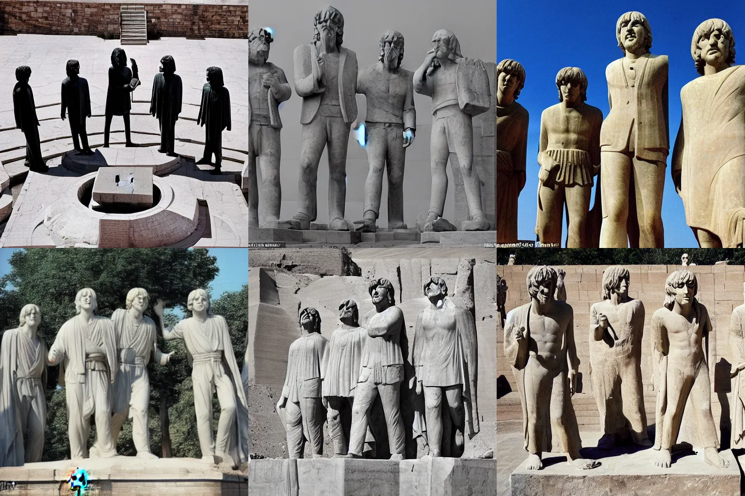 Prompt: a giant marble statue of the beatles in the center of a large square in an ancient mesopotamia city, award winning photo