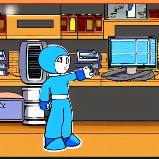 Image similar to roll ( from mega man ) is repairing computers in dr. light's laboratory.