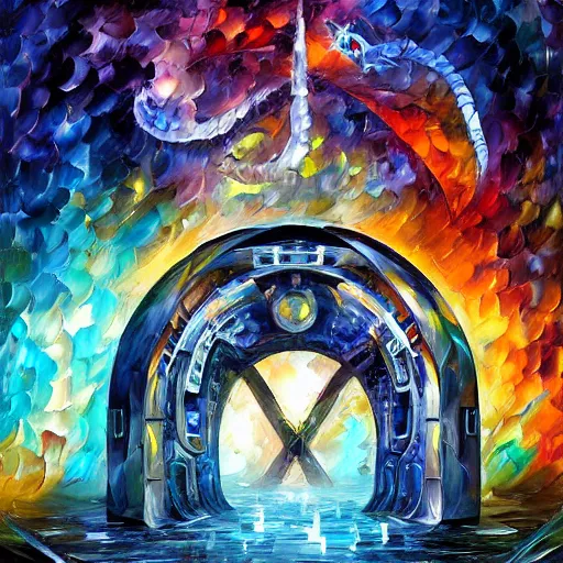 Image similar to absurd multi - dimensional portal gate cybernetic inspired by dragon skin by leonid afremov and katsuhiro