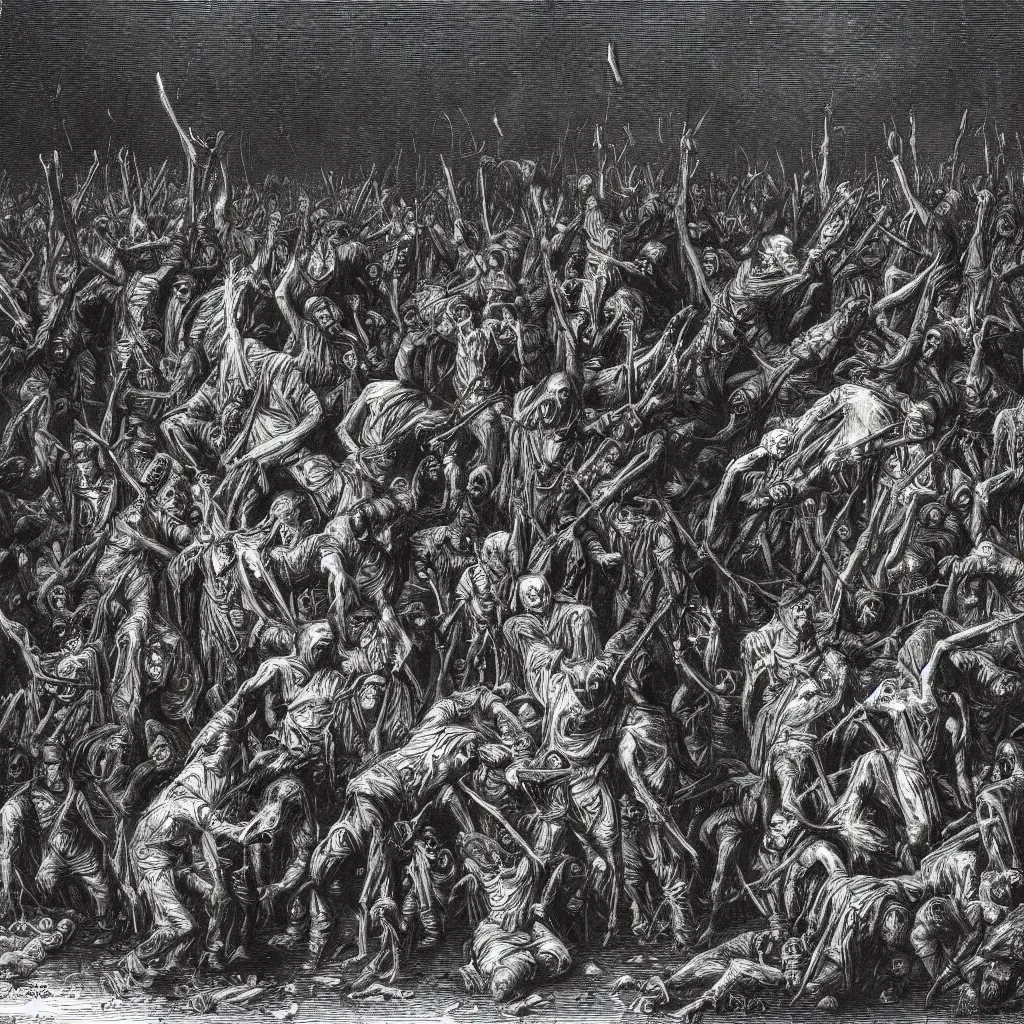 Image similar to zombies, nine steel barrels in a graveyard, creepy atmosphere, dark, realistic, illustration by gustave dore