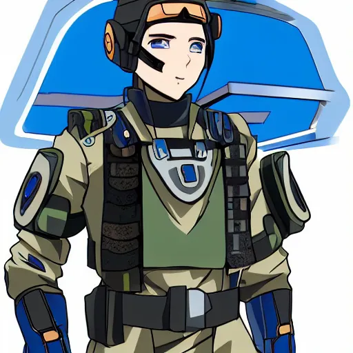 Image similar to a futuristic soldier captain with a ballistic visor and a blue shoulderpad in anime style