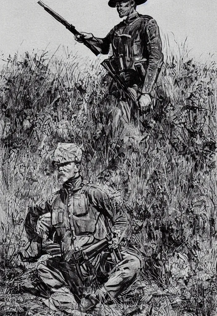 Image similar to comic book of a boer soldier in the south-african veld holding a rifle during the anglo-boer war. 50s comic book illustration. evening light, dramatic, warm, dynamic composition