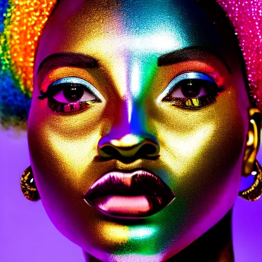 Prompt: portrait of iridescent metalic face, african woman, colorful reflections, proud, looking away, outdoor, blue sky, 8 k, realistic, depth of field, highly detailed, art photography