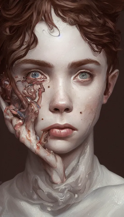 Image similar to Sophia Lillis, sweaty, insane, intricate, highly detailed, digital painting, artstation, concept art, smooth, sharp focus, illustration, Unreal Engine 5, 8K, art by artgerm and greg rutkowski and alphonse mucha