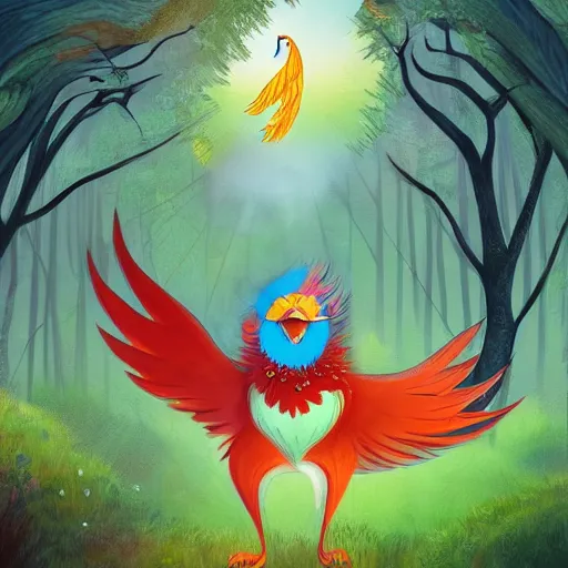 Prompt: a childrens book illustration about a faithful phoenix for a story that reads : deep in the forest, beyond where the trees grow tall, lives a creature both magical and small. the faithful phoenix is on the move, exploring all around, looking for something new. ( 5 ), digital art