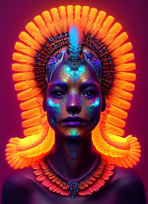 Image similar to a wlop 3 d portrait of a goddess, 8 k micro details beautiful intricate highly detailed quetzalcoatl skull and feathers. bioluminescent, fire, galaxy, artwork by tooth wu and wlop and beeple and greg rutkowski, trending on artstation,