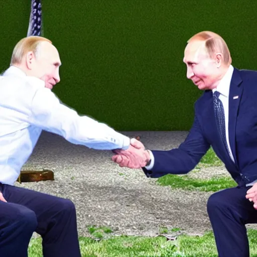 Prompt: biden and putin playing rock paper scissors, both of them played scissors with their hands