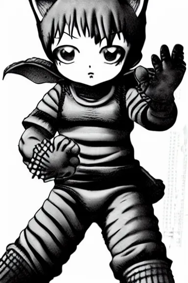 Image similar to attractive salvage little boy in cat suit, black and white artwork made by kentaro miura and yoshihiro togashi and ilya kuvshinov