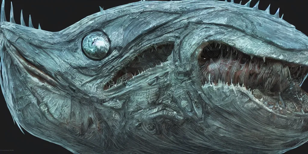 Image similar to angler fish, stylized layered textures, long flowing fins, bioluminescent orbs, 3 d render, substance painter, glowing eye, intricate, highly detailed, lifelike, smooth, sharp focus, art by h r giger