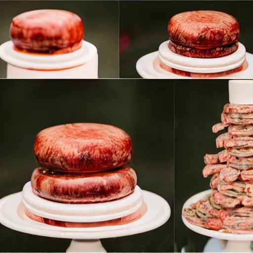 Image similar to a wedding cake made entirely out of meat and sausages with ketchup sauce. During wedding. Highly detailed 8k