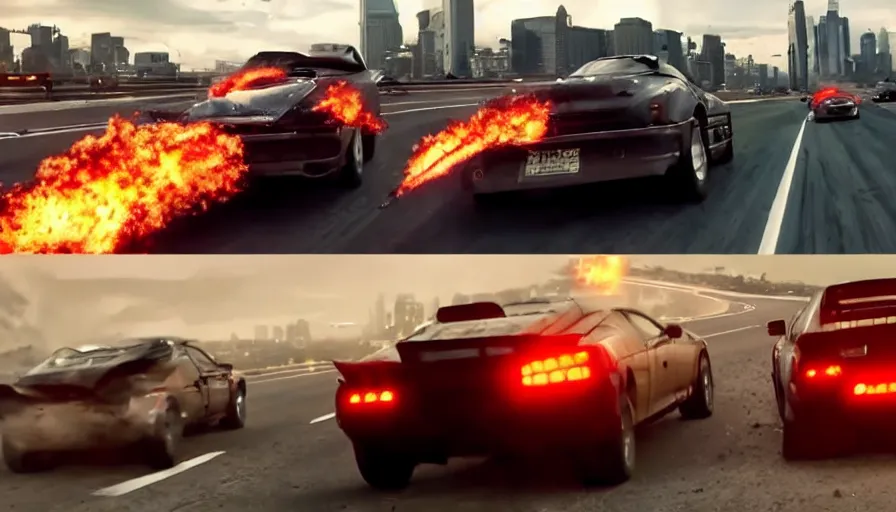 Prompt: A car chase down a busy highway, cinematic, action packed, imax, michael bay movie