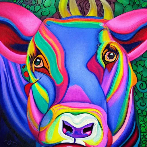 Prompt: a wild eyed bull painted with psychedelic colors, by aaron jasinski