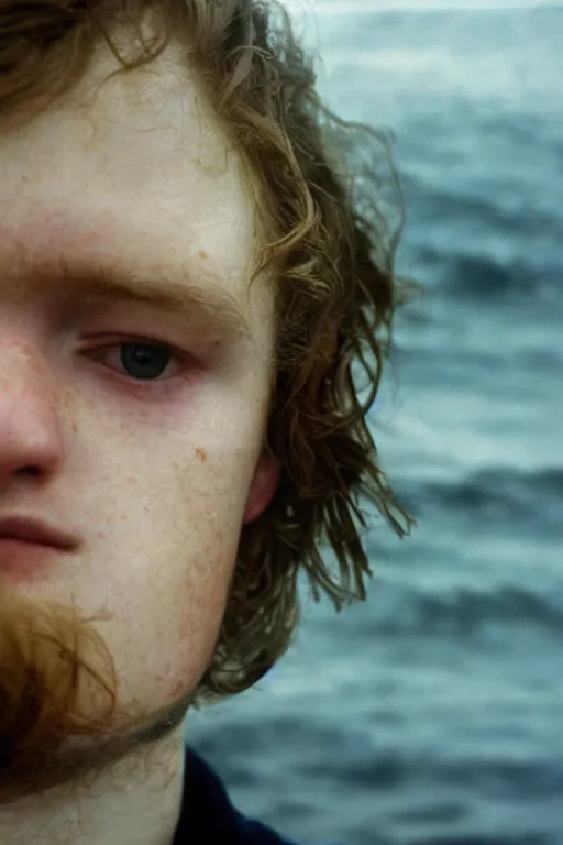 Prompt: super close up portrait of a frowning young irish adolscent 1 8 years old irish man in the cold cold sea at winter, by annie leibowitz, 1 9 9 8,