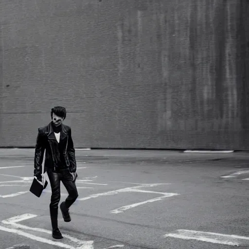 Image similar to a motion blurred young man in black leather, in a bleak industrial brutalist landscape