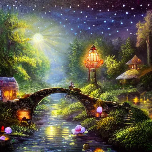 Image similar to painting, high detail, woodland village, in the night, fantasy, crescent moon, stone paths, bridge, water stream, luminous, toadstools, fireflies, fantasy,, flowers, lanterns, mist, highly detailed painting, fine lines, 8 k realistic, sharp focus