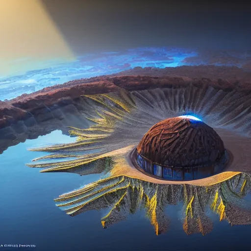 Prompt: a highly detailed landscape painting of large island in the center of a meteor crater lake with a domed futuristic fantasy city, river running through a crater, aerial photography, ultrawide lens, art by john collier and jeon seong and albert bierstadt, volumetric lighting, octane render, 4 k resolution, trending on artstation, masterpiece