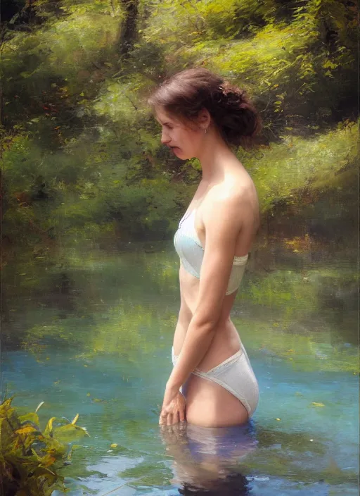 Image similar to first person perspective of a woman looking at her hands full of rings, the woman is reflected in the water of a lake. by daniel f. gerhartz, hyperrealistic oil painting, 4 k, studio lightning, very detailed, rtx on