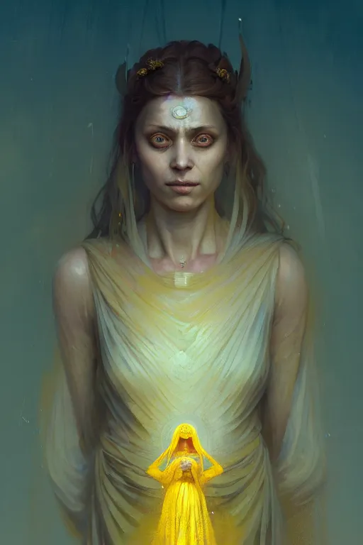 Prompt: high detail portrait of a possessed woman wearing an ancient greek tunic made of yellow paper, stephen bliss, fantasy art by greg rutkowski, rhads, ferdinand knab, makoto shinkai and lois van baarle, ilya kuvshinov, rossdraws, tom bagshaw, global illumination, radiant light, ancient greek temple ruins, green blue color theme