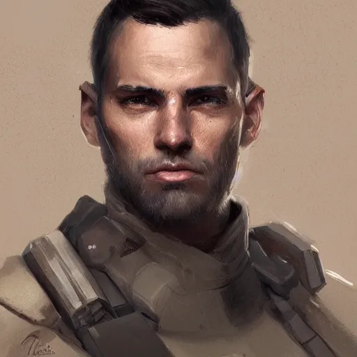 Image similar to portrait of a man by greg rutkowski, a soldier of the confederation of independent systems, wearing a beige and black tactical gear, star wars expanded universe, highly detailed portrait, digital painting, artstation, concept art, smooth, sharp foccus ilustration, artstation hq