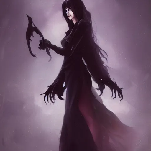 Image similar to female human vampire witch in the style of greg rutkowski, makoto shinkai, trending on artstation, character design, concept art, pretty face, highly detailed, long black hair, portrait, digital art