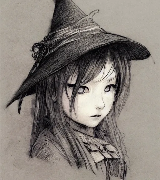 Prompt: portrait of little anime girl wearing witch hat, pen and ink, intricate line drawings, by craig mullins, ruan jia, kentaro miura, greg rutkowski, loundraw