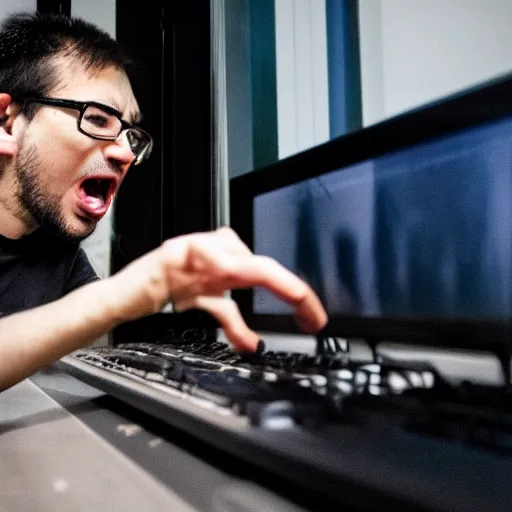 Image similar to a programmer getting angry as a cat jumps on his keyboard, ( eos 5 ds r, iso 1 0 0, f / 8, 1 / 1 2 5, 8 4 mm, postprocessed, crisp face, facial features )