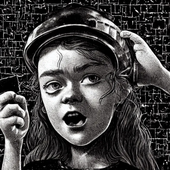 Image similar to extreme close - up on sadie sink as a miner : she lifts a slice of bread with her hand. background : black tiles on walls. black and white, pencil and ink. by gabriel hardman, joe alves, chris bonura. cinematic atmosphere, detailed and intricate, perfect anatomy