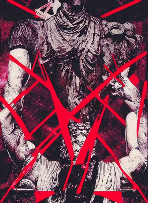 Image similar to design poster showing a statue of julius caesar, black background with very subtle red and purple design elements, powerful, nekro, guido crepax, graphic design, collage art, thin lines, dark, glitch art, neo vaporwave, gritty, layout frame, square, trending on artstation